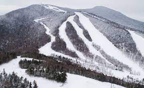 An aerial view of a ski slope in New Hampshire covered in snow.